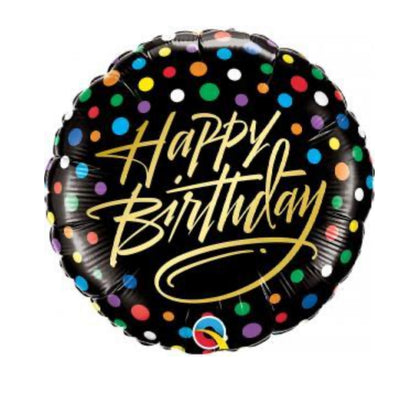 18" Happy Birthday - Black with colorful Polka dots